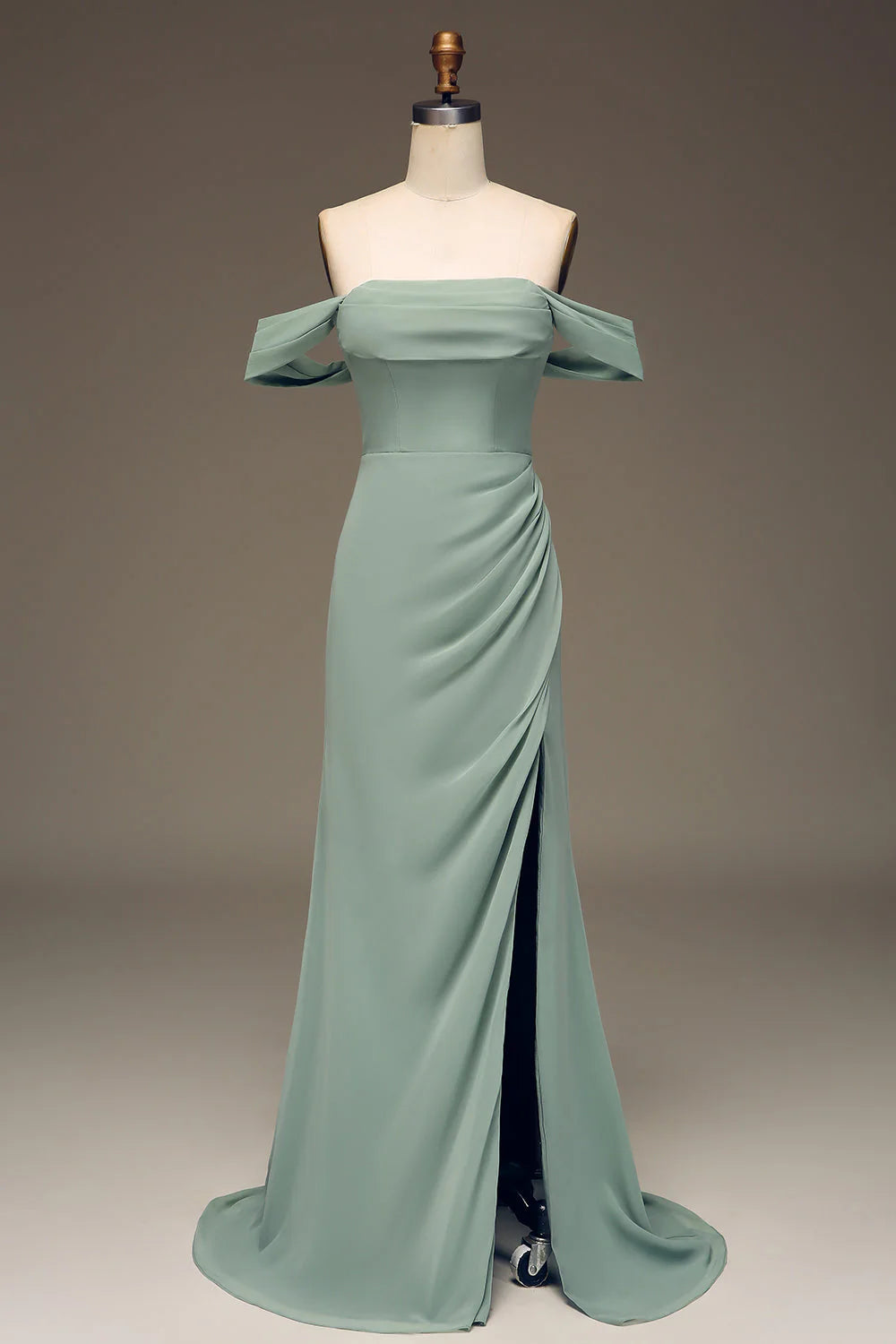 Sage Green Chiffon A-Line Floor-Length Dress with Off-the-Shoulder Neckline, Side Ruching & High Slit