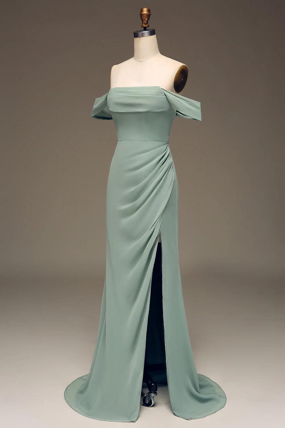 Sage Green Chiffon A-Line Floor-Length Dress with Off-the-Shoulder Neckline, Side Ruching & High Slit