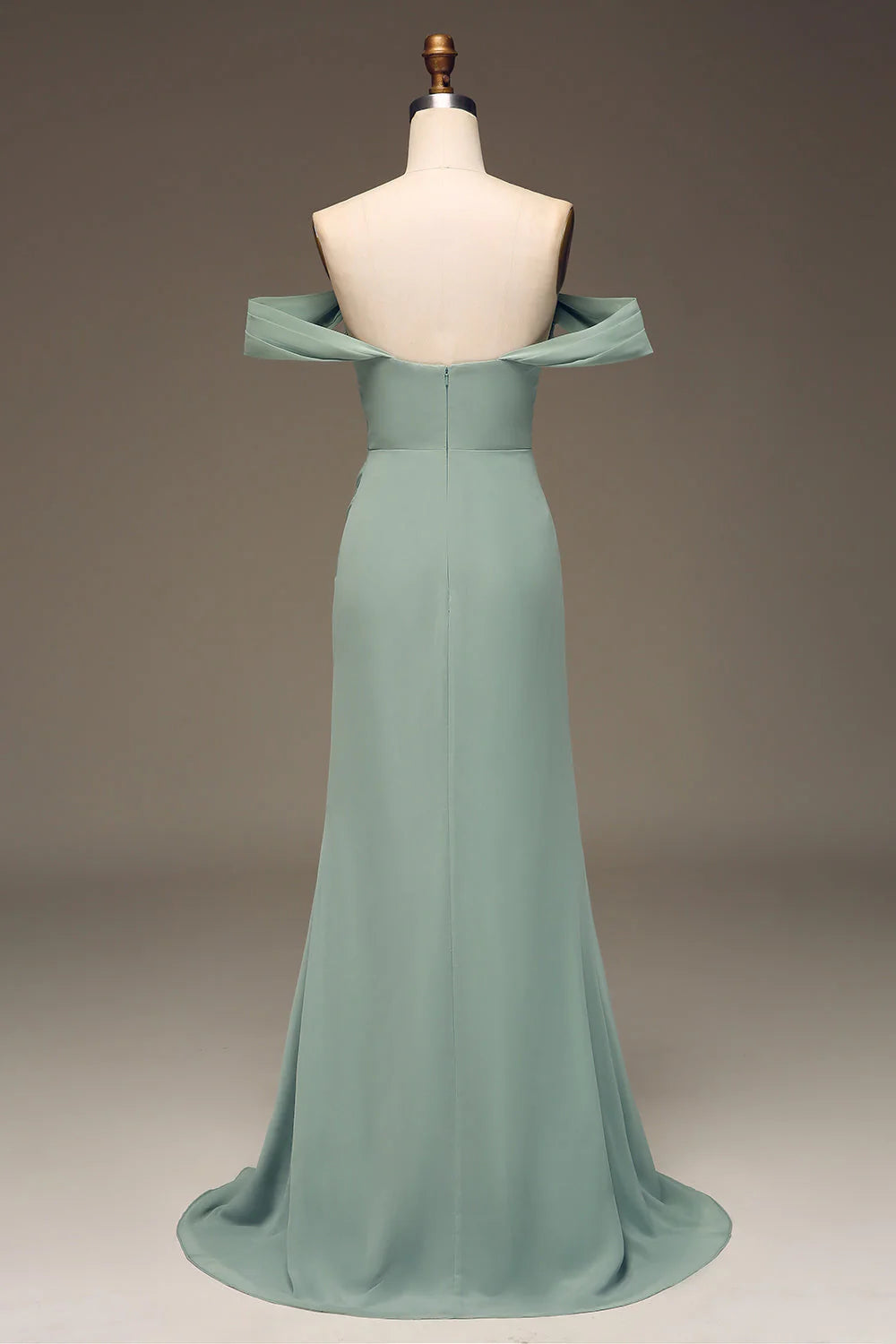 Sage Green Chiffon A-Line Floor-Length Dress with Off-the-Shoulder Neckline, Side Ruching & High Slit