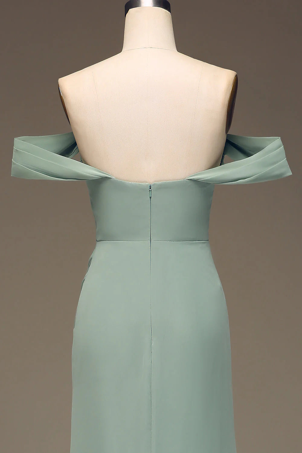 Sage Green Chiffon A-Line Floor-Length Dress with Off-the-Shoulder Neckline, Side Ruching & High Slit