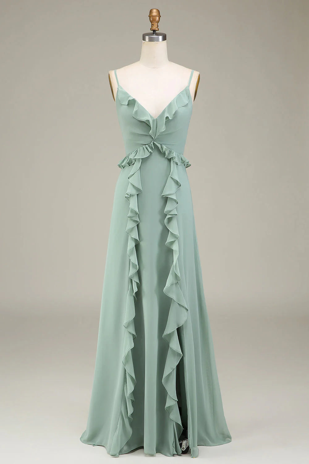 Sage Green Chiffon A-Line Floor-Length Bridesmaid Dress with Ruffled V-Neck