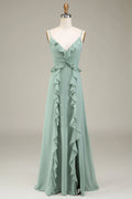 Sage Green Chiffon A-Line Floor-Length Bridesmaid Dress with Ruffled V-Neck