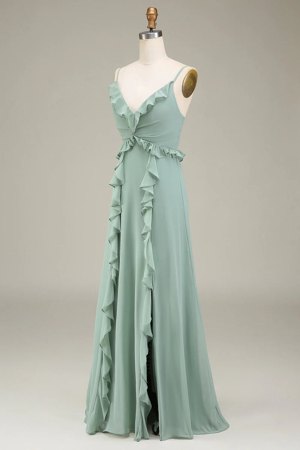 Sage Green Chiffon A-Line Floor-Length Bridesmaid Dress with Ruffled V-Neck