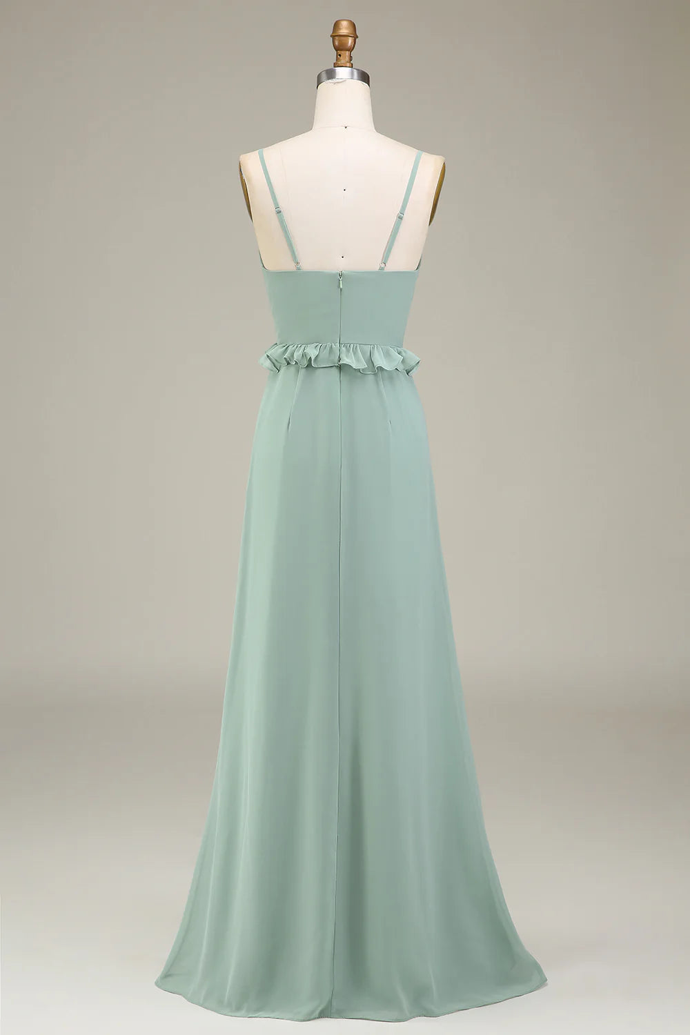 Sage Green Chiffon A-Line Floor-Length Bridesmaid Dress with Ruffled V-Neck