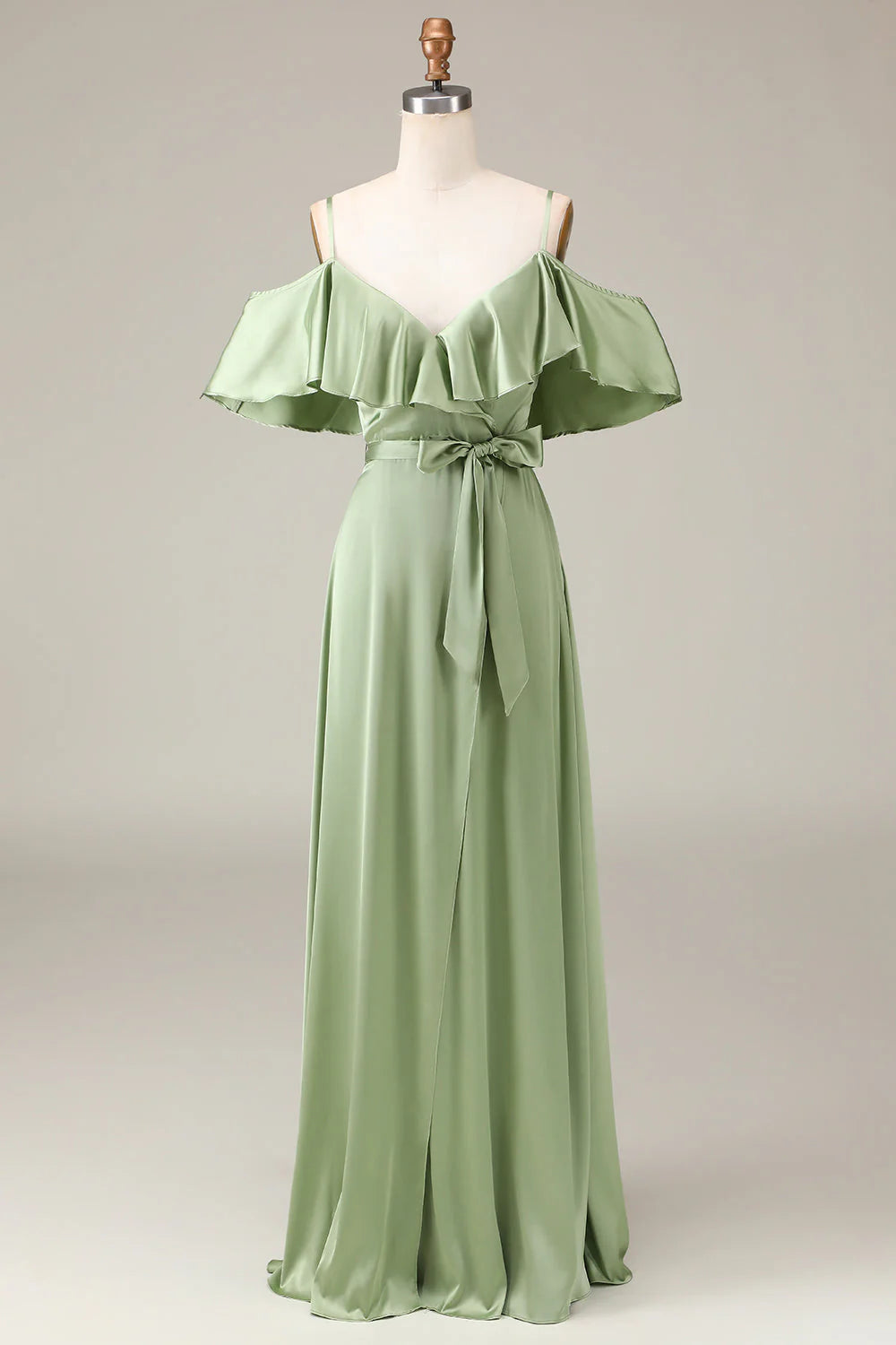 Sage Green Satin A-Line V-Neck Floor-Length Bridesmaid Dress with Off-the-Shoulder Ruffles & Front Slit