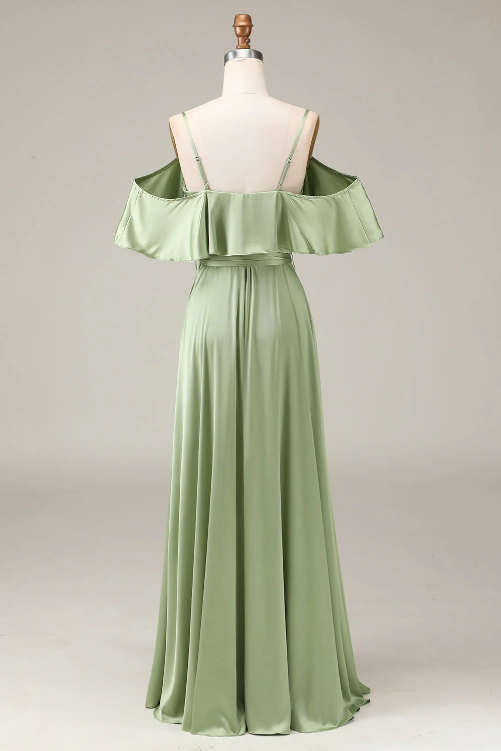 Sage Green Satin A-Line V-Neck Floor-Length Bridesmaid Dress with Off-the-Shoulder Ruffles & Front Slit