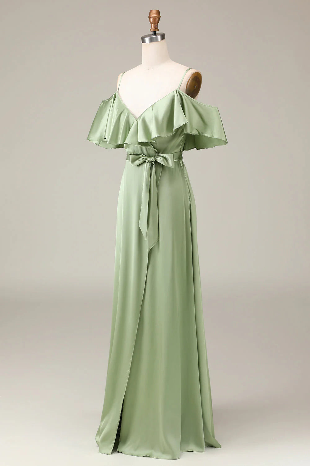 Sage Green Satin A-Line V-Neck Floor-Length Bridesmaid Dress with Off-the-Shoulder Ruffles & Front Slit