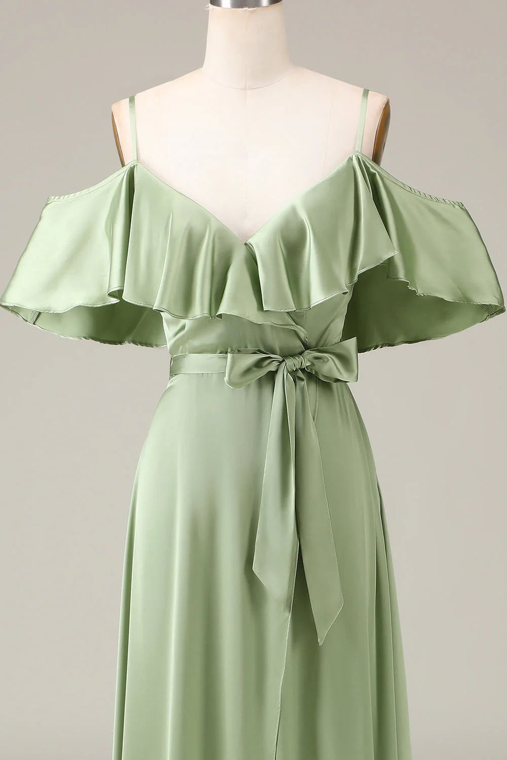 Sage Green Satin A-Line V-Neck Floor-Length Bridesmaid Dress with Off-the-Shoulder Ruffles & Front Slit