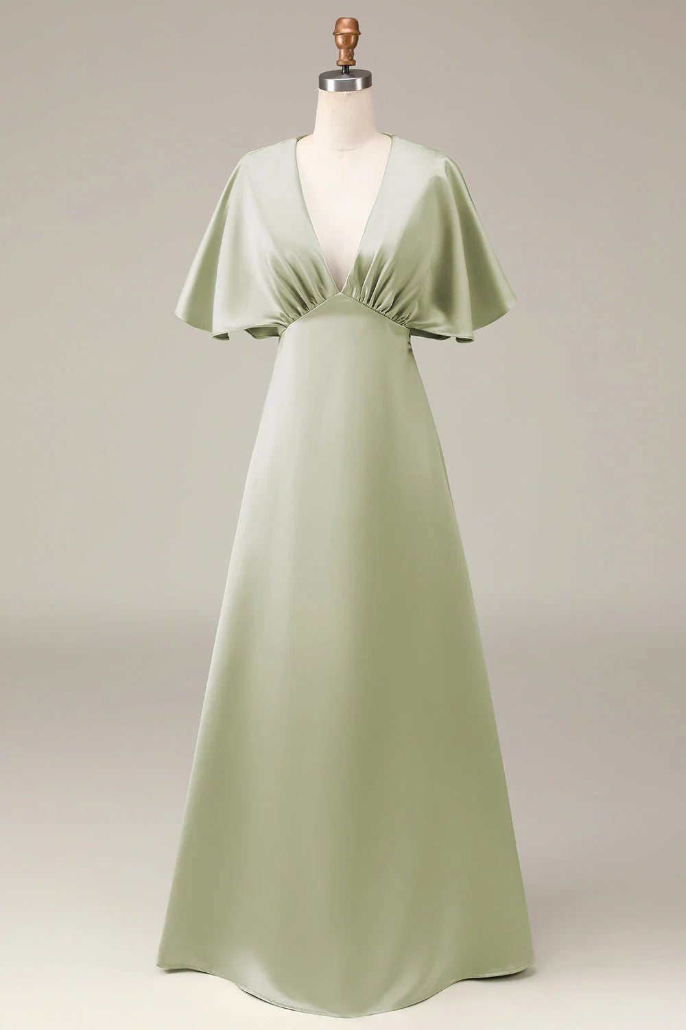 Vestido de dama de honor de satén con escote en V, manga corta y corte A en color salvia polvorienta