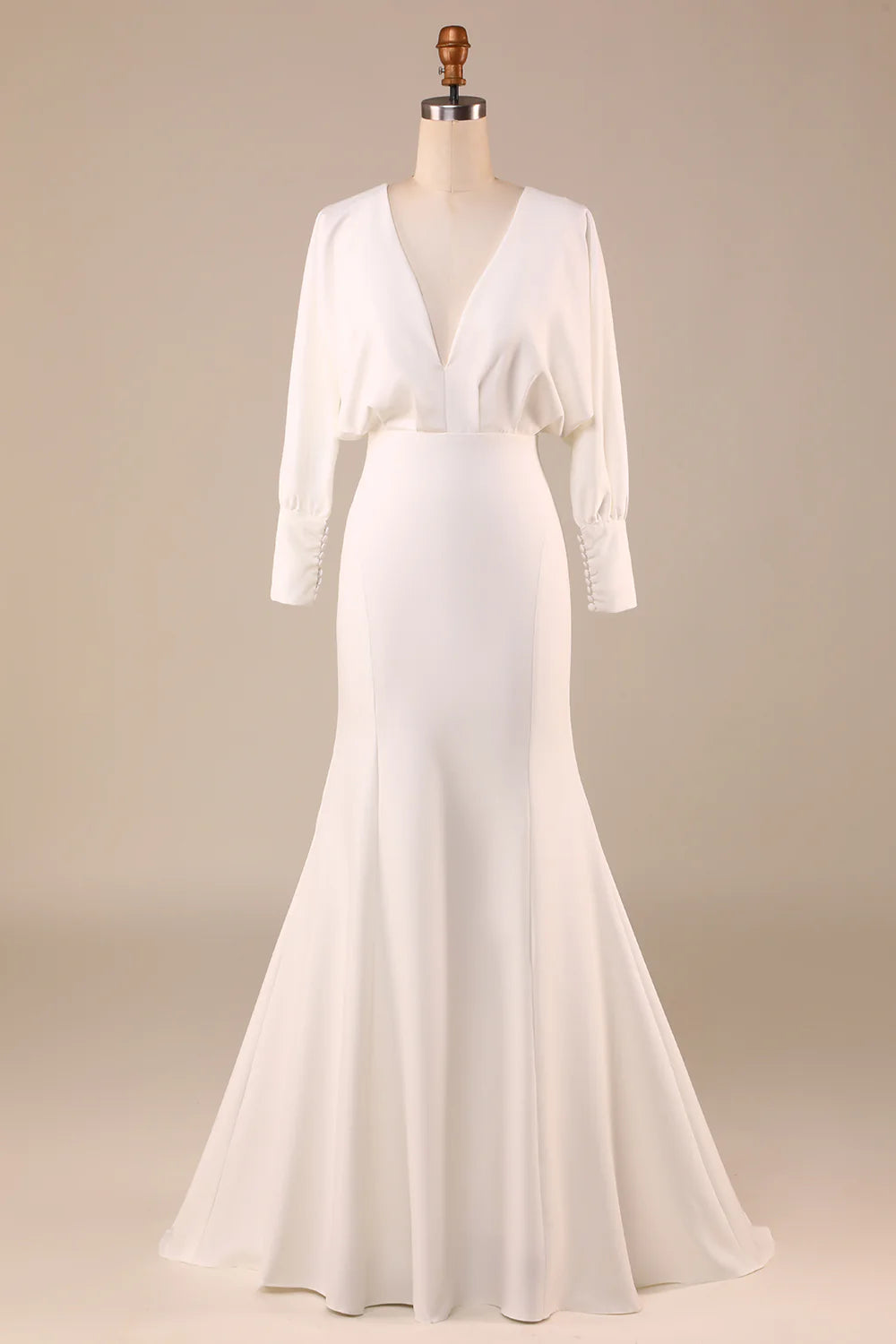 Minimalist ivory fishtail long sleeved backless deep V-neck wedding dress