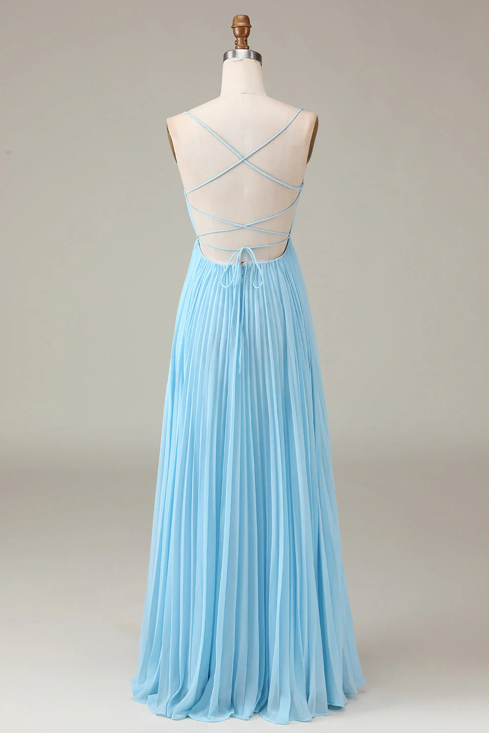 Sky blue thin shoulder strap high neckline pleated backless A-line chiffon bridesmaid dress