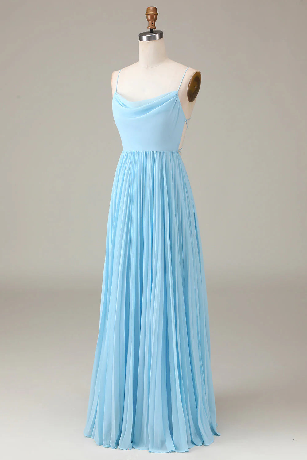 Sky blue thin shoulder strap high neckline pleated backless A-line chiffon bridesmaid dress
