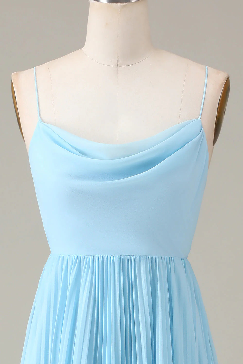 Sky blue thin shoulder strap high neckline pleated backless A-line chiffon bridesmaid dress