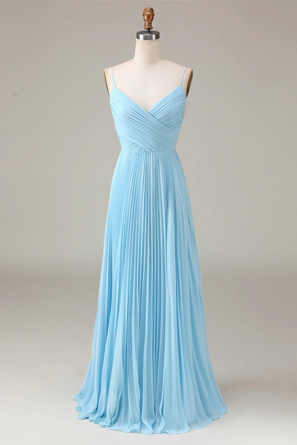 Sky Blue Chiffon V-Neck A-Line Floor-Length Bridesmaid Dress - Ruched Bodice