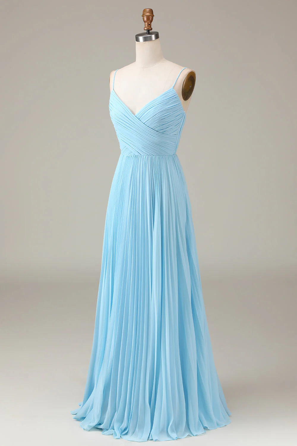 Sky Blue Chiffon V-Neck A-Line Floor-Length Bridesmaid Dress - Ruched Bodice