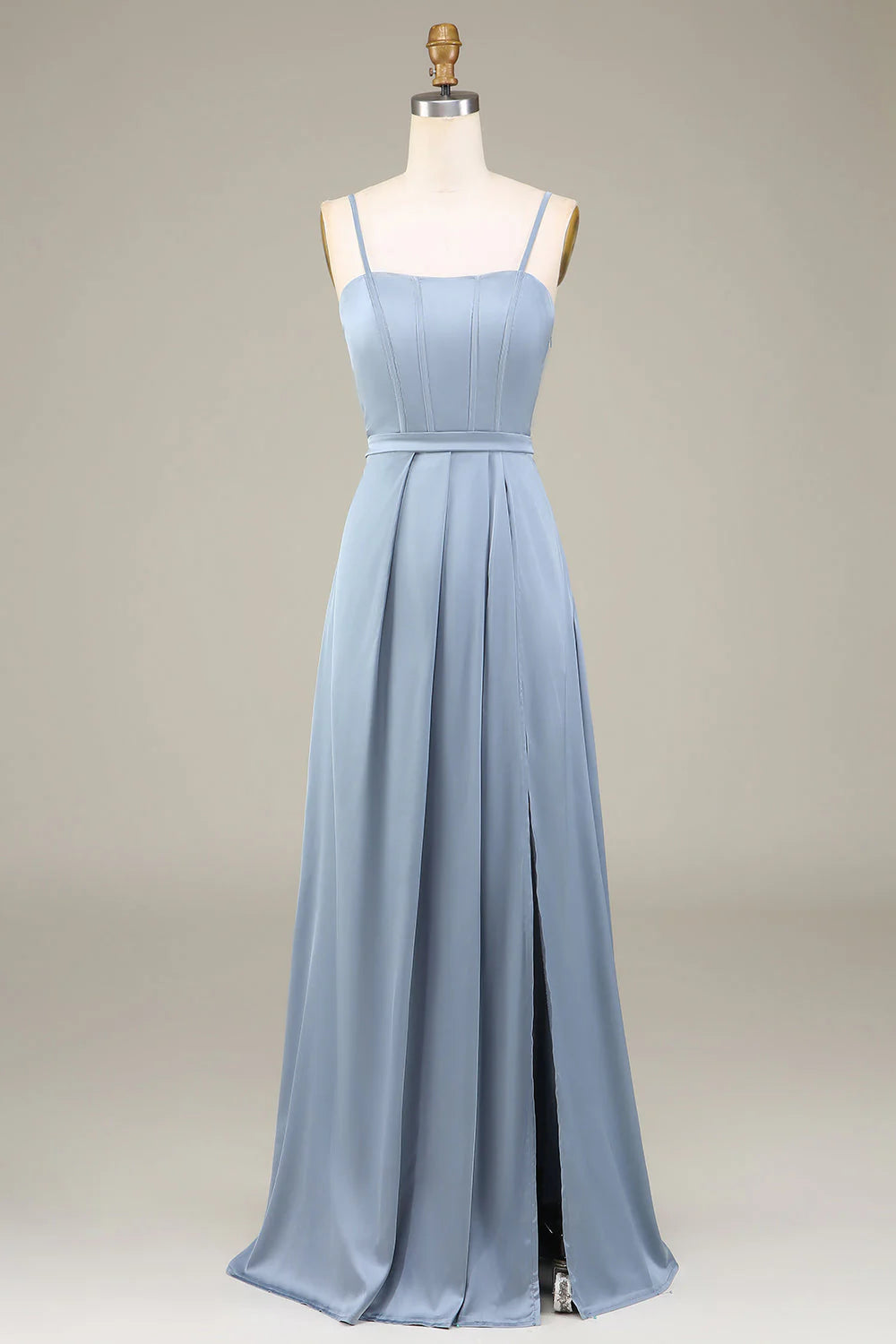 Dusty Blue Satin A-Line Floor-Length Bridesmaid Dress with High Slit