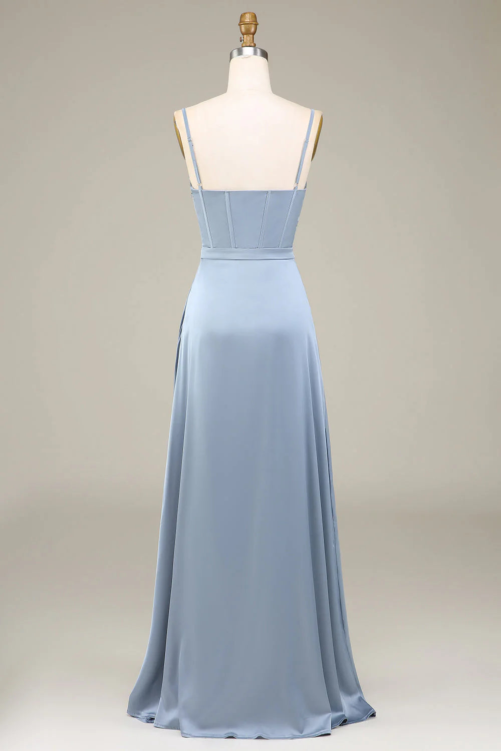 Dusty Blue Satin A-Line Floor-Length Bridesmaid Dress with High Slit