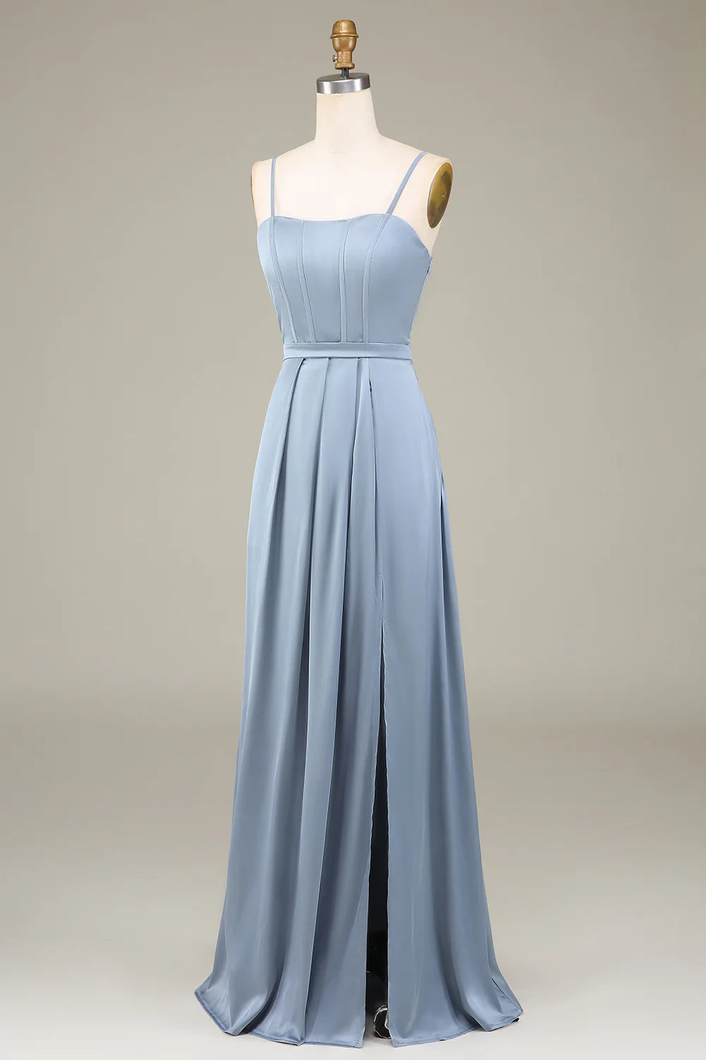Dusty Blue Satin A-Line Floor-Length Bridesmaid Dress with High Slit