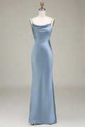 Dusty Blue Cowl Neck Satin Floor-Length Bridesmaid Dress