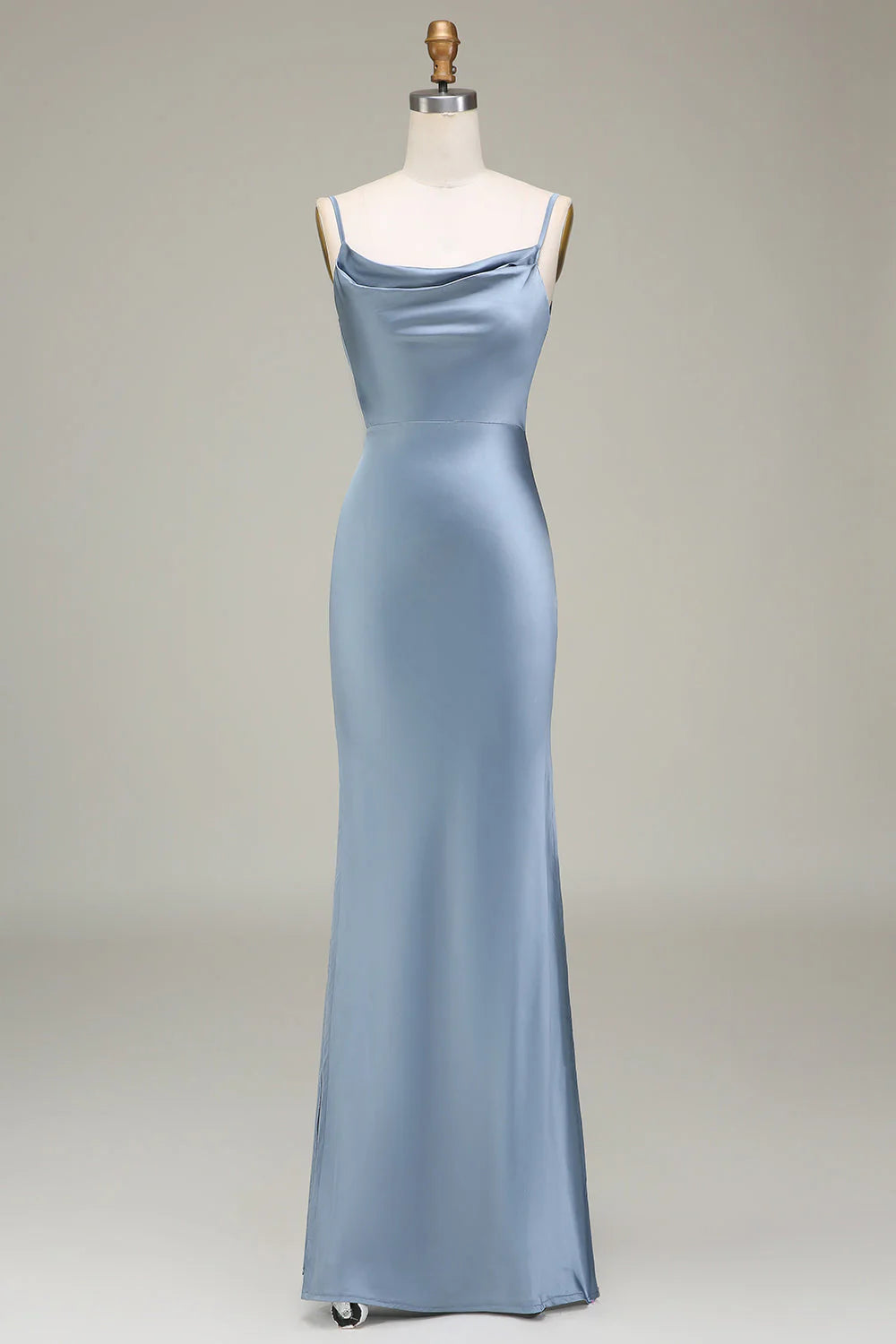 Dusty Blue Cowl Neck Satin Floor-Length Bridesmaid Dress