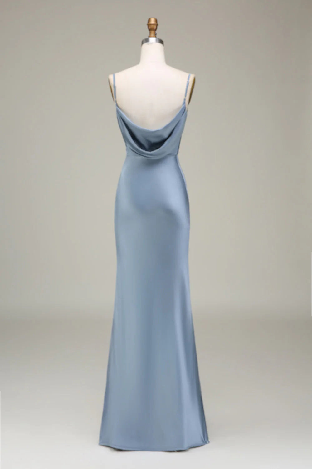 Dusty Blue Cowl Neck Satin Floor-Length Bridesmaid Dress