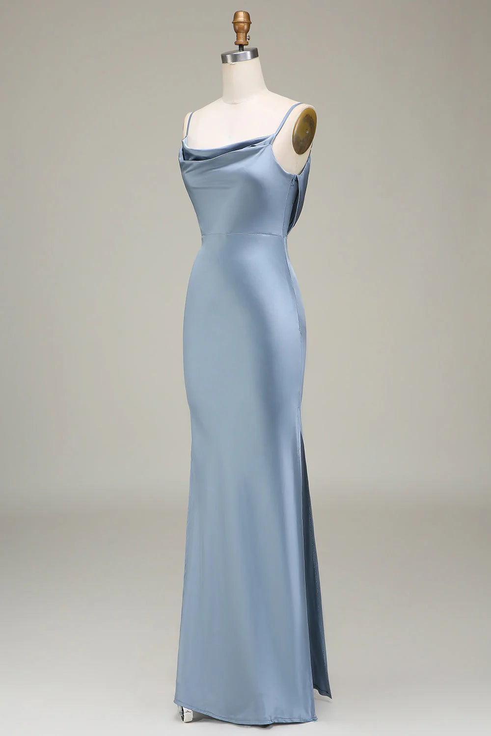 Dusty Blue Cowl Neck Satin Floor-Length Bridesmaid Dress