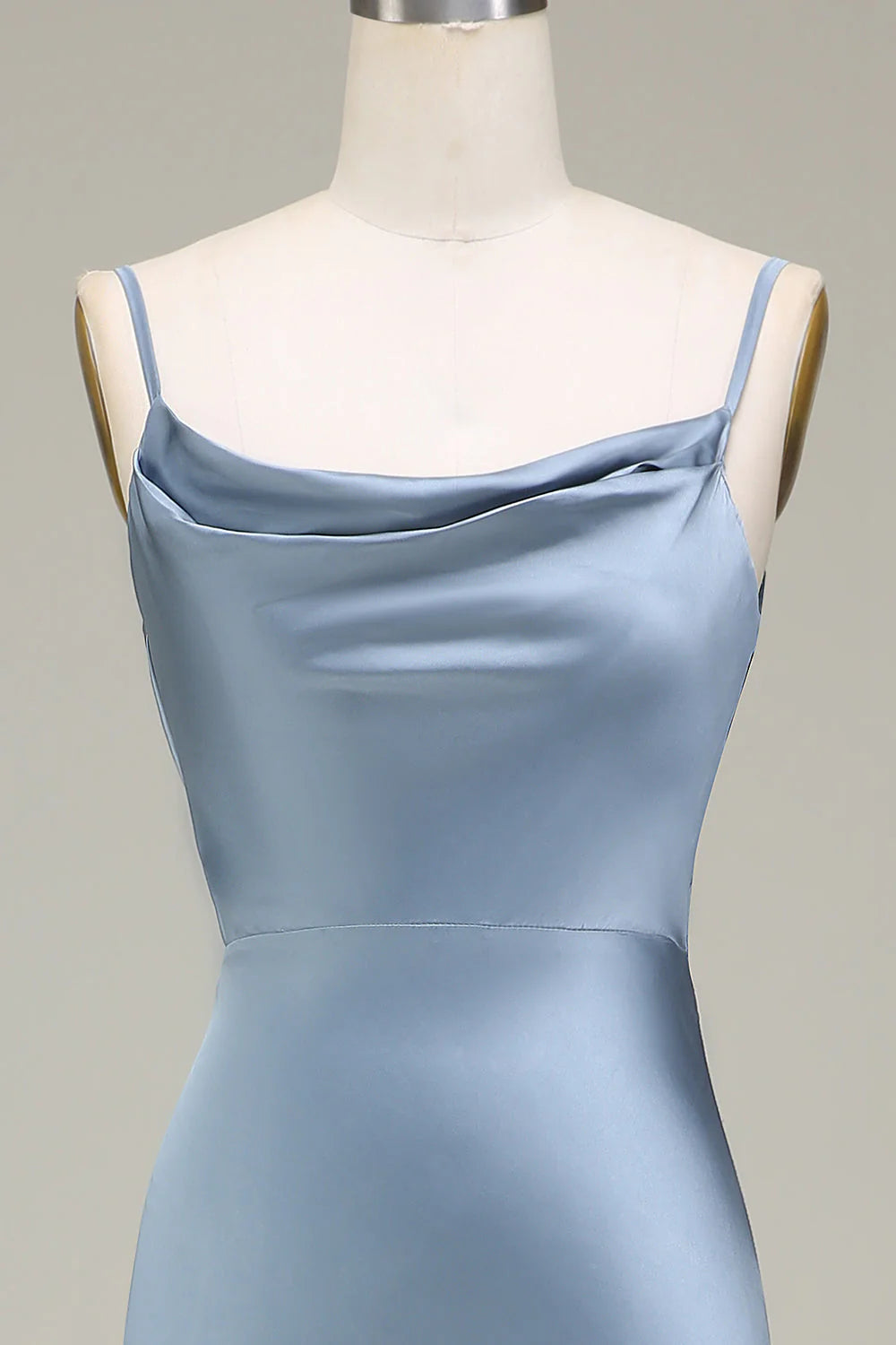 Dusty Blue Cowl Neck Satin Floor-Length Bridesmaid Dress