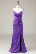 Wisteria Satin Ruched V-Neck Sheath/Column Floor-Length Dress