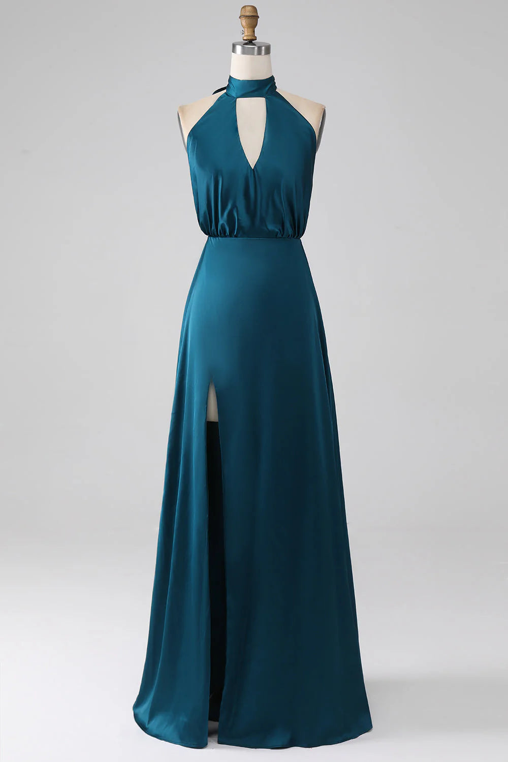 Teal Satin A-Line Floor-Length Bridesmaid Dress | Halter Neckline, Backless
