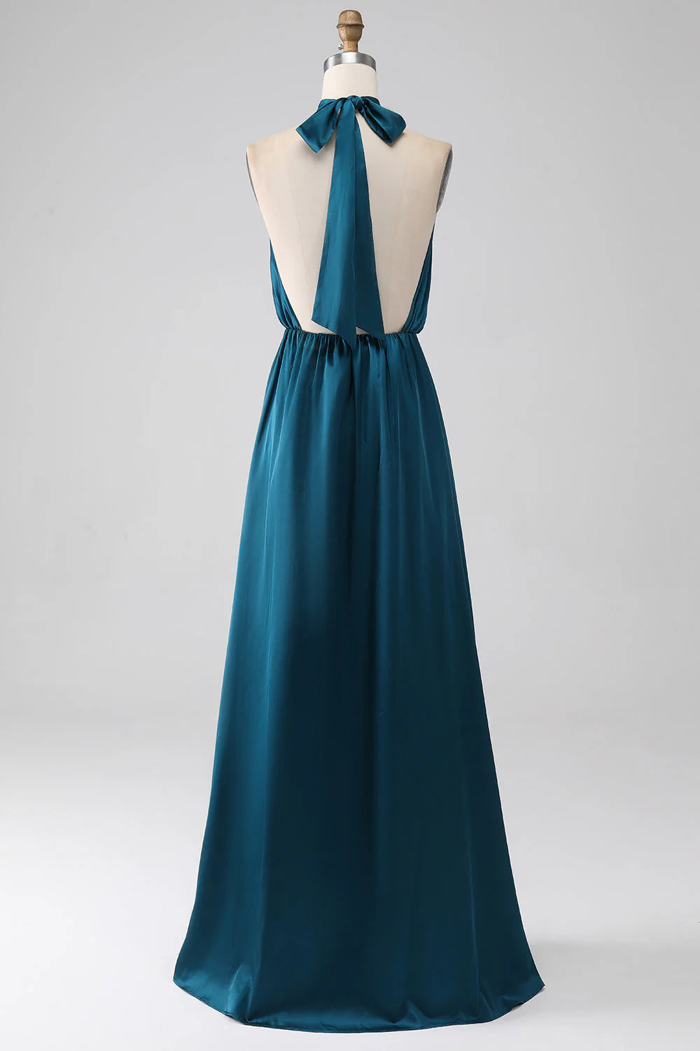 Teal Satin A-Line Floor-Length Bridesmaid Dress | Halter Neckline, Backless