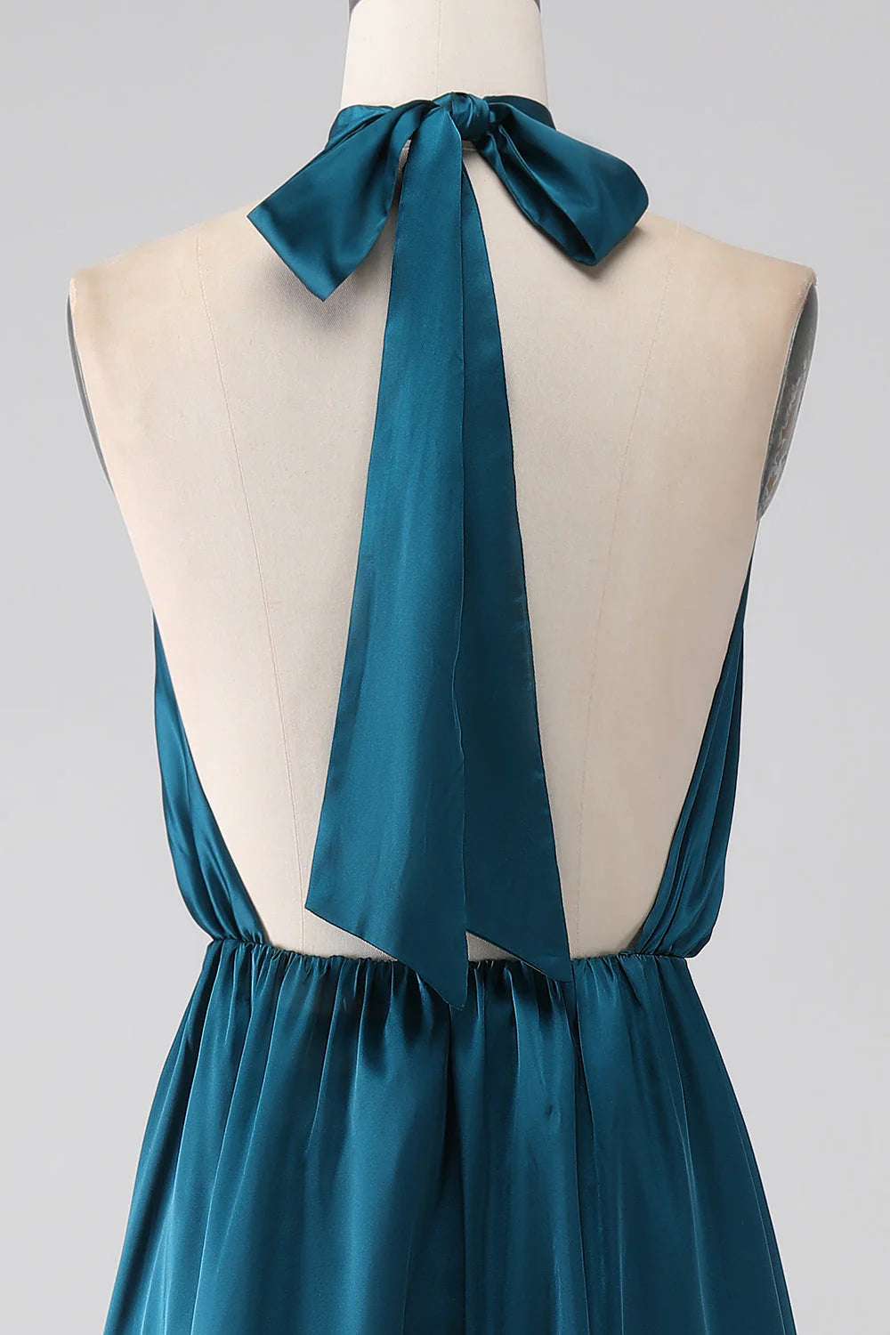 Teal Satin A-Line Floor-Length Bridesmaid Dress | Halter Neckline, Backless