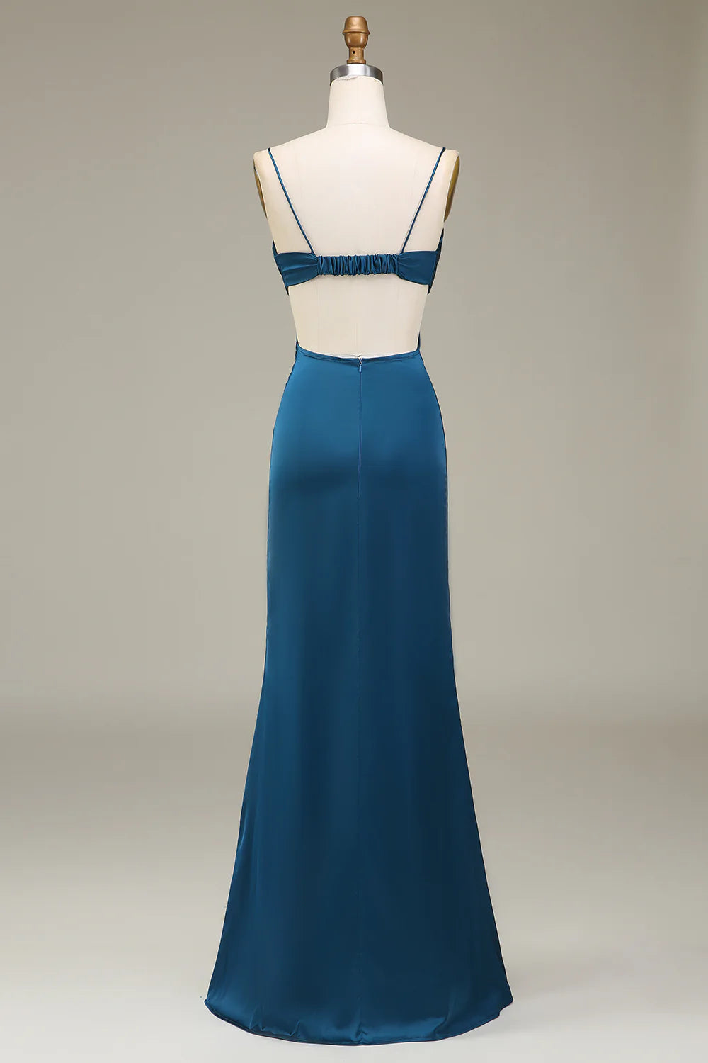 Teal Satin Sheath/column Floor-Length Evening Dress with Cowl Neck & Open Back