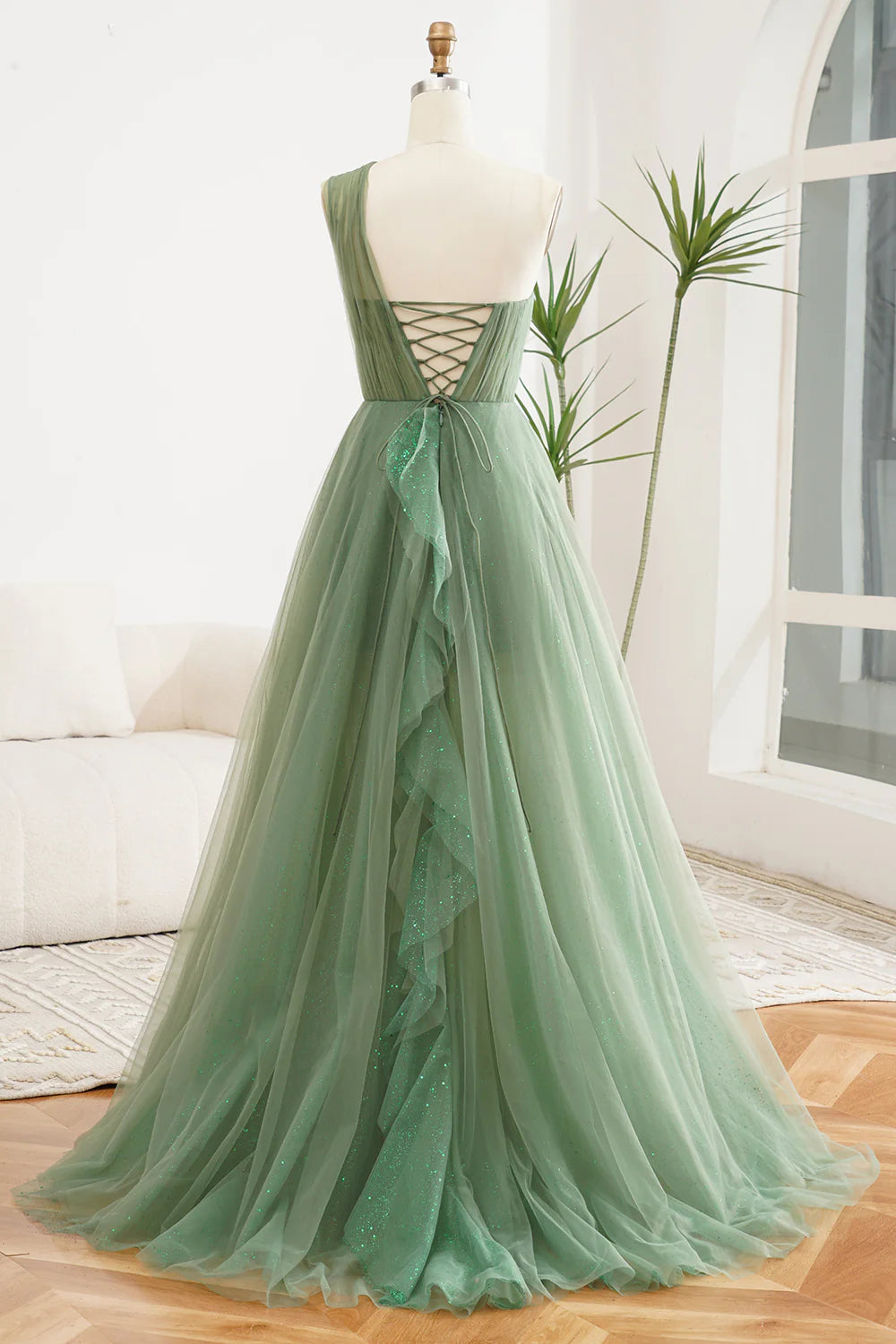 Dark Navy One Shoulder Glitter Tulle A-Line Floor-Length Bridesmaid Dress