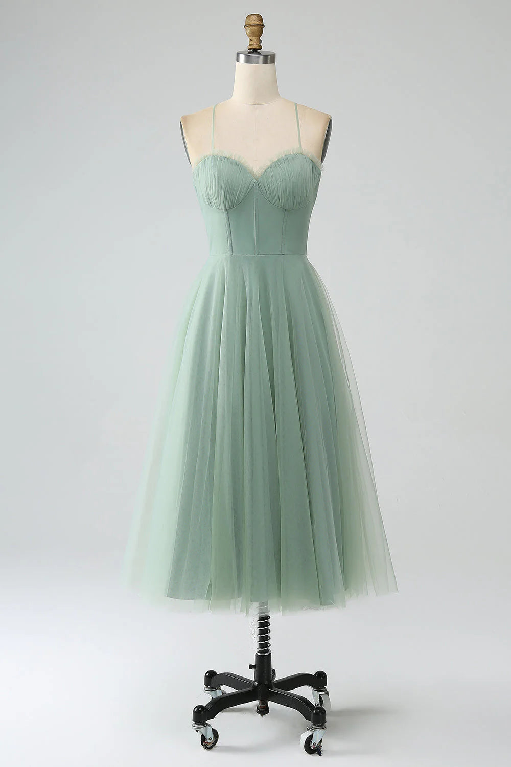 Mint Green Tulle A-Line Tea-Length Bridesmaid Dress with Sweetheart neckline and Layered tulle skirt for Wedding Guests & Cocktail Parties