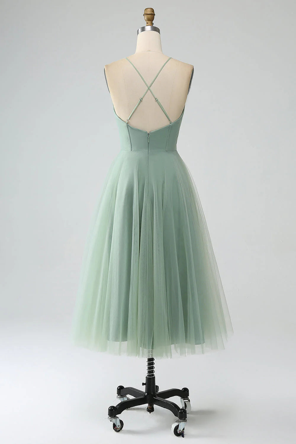 Mint Green Tulle A-Line Tea-Length Bridesmaid Dress with Sweetheart neckline and Layered tulle skirt for Wedding Guests & Cocktail Parties