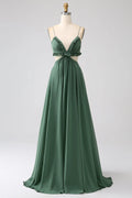Green Chiffon A-Line Floor-Length V-Neck Backless Dress with Ruffled Bodice and Cut-out Waist