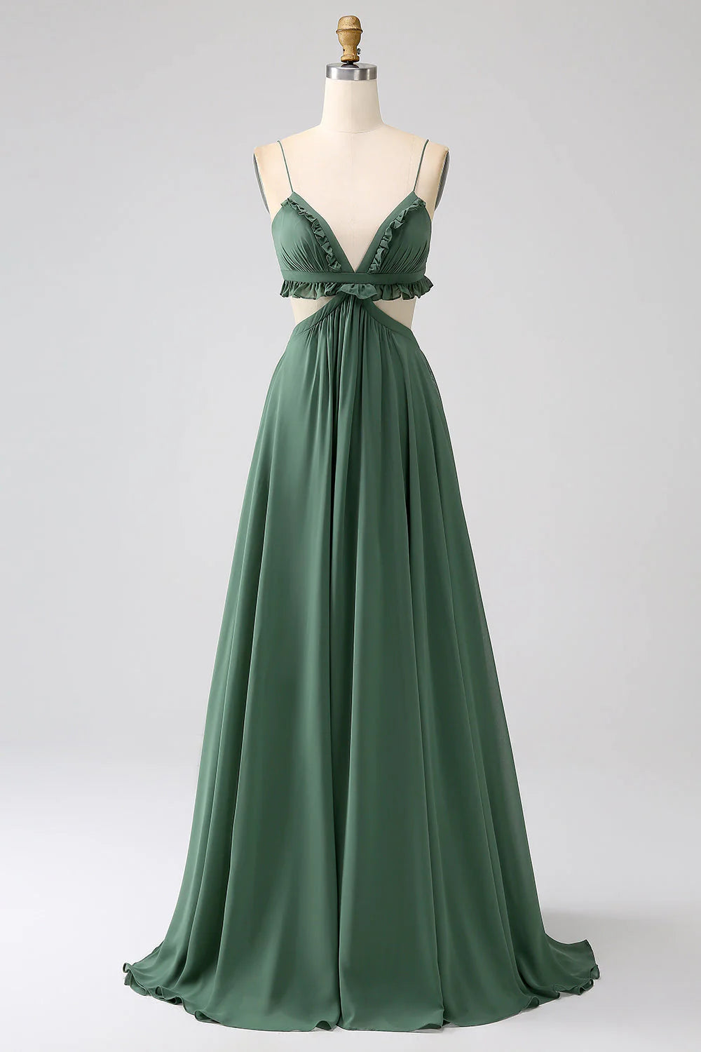 Green Chiffon A-Line Floor-Length V-Neck Backless Dress with Ruffled Bodice and Cut-out Waist