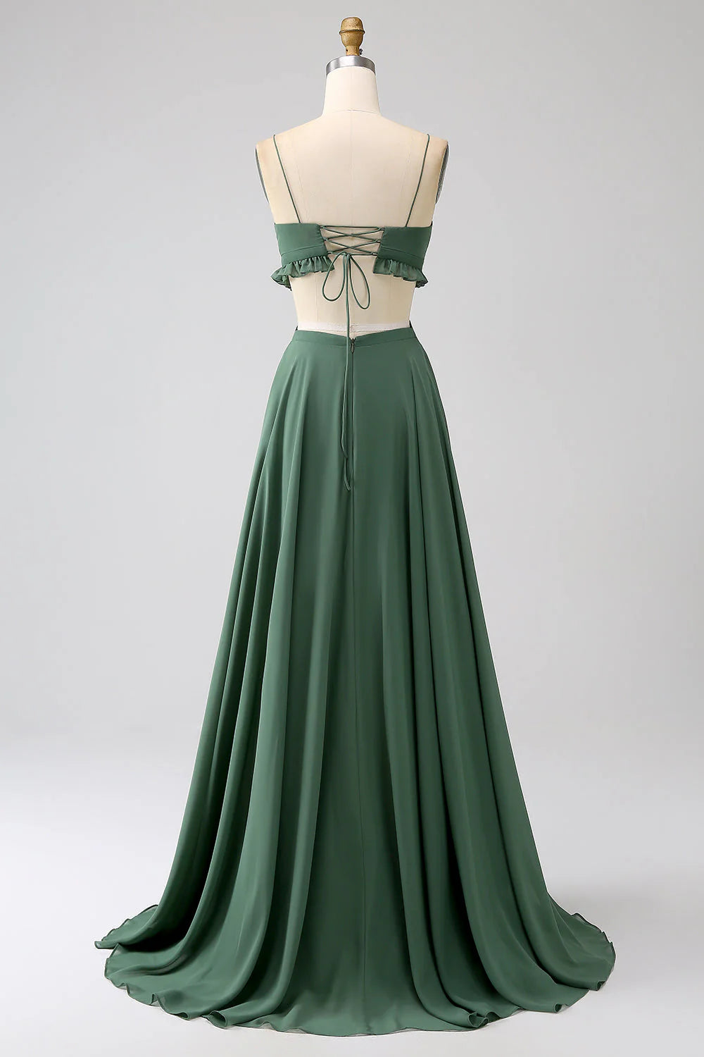 Green Chiffon A-Line Floor-Length V-Neck Backless Dress with Ruffled Bodice and Cut-out Waist