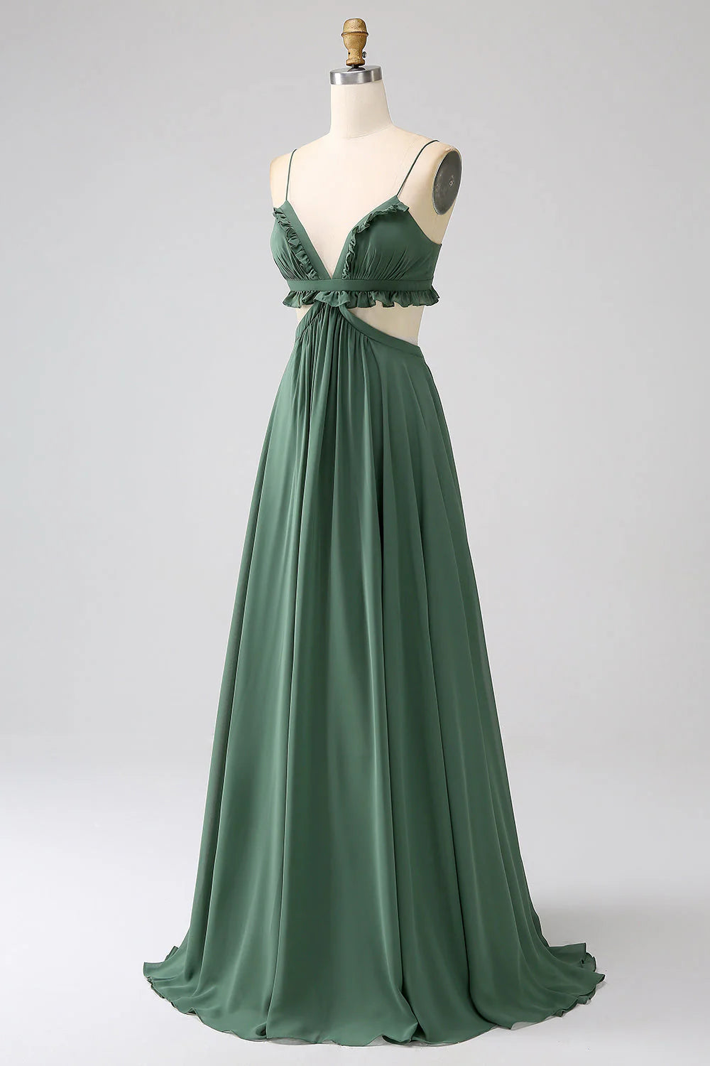 Green Chiffon A-Line Floor-Length V-Neck Backless Dress with Ruffled Bodice and Cut-out Waist