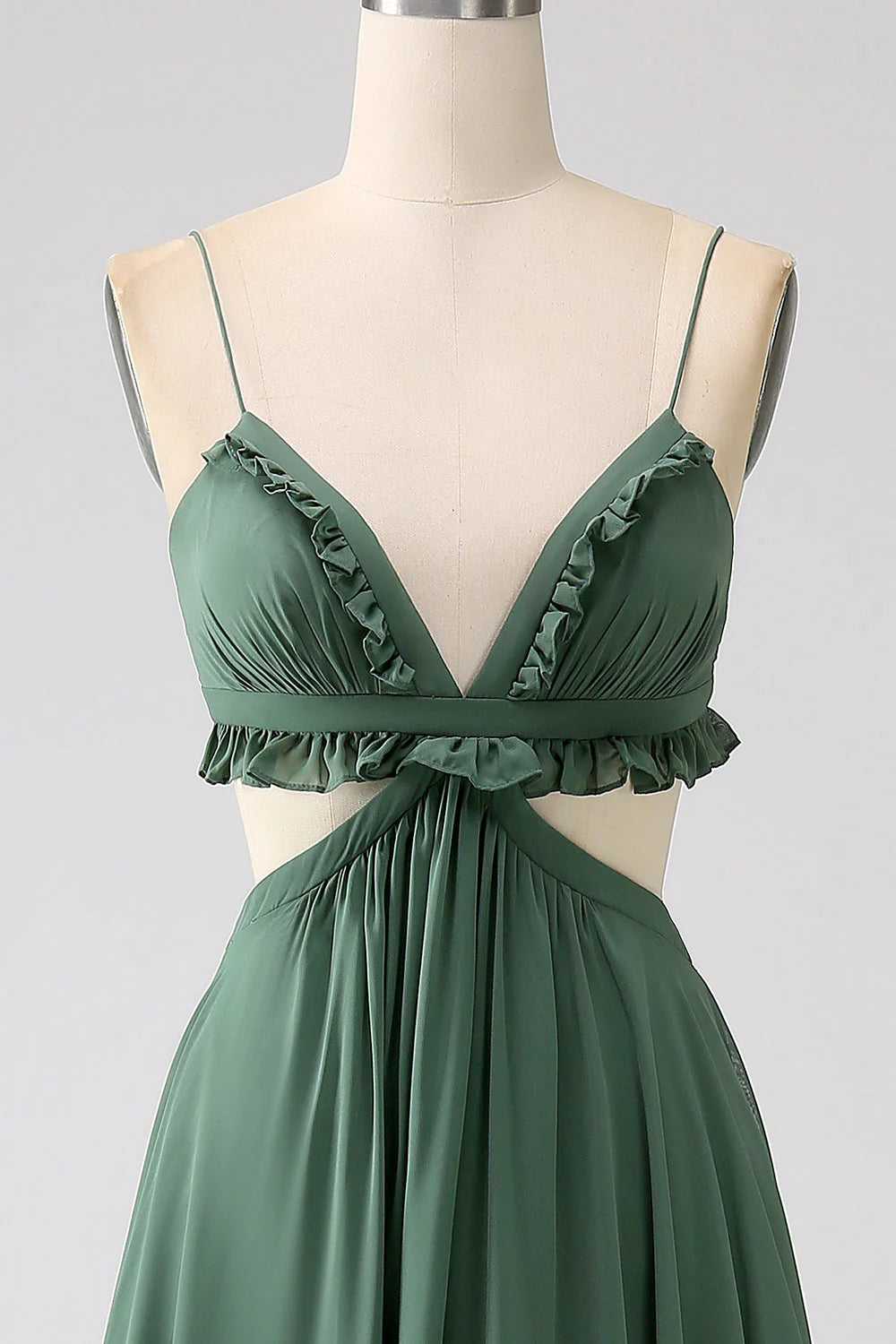 Green Chiffon A-Line Floor-Length V-Neck Backless Dress with Ruffled Bodice and Cut-out Waist
