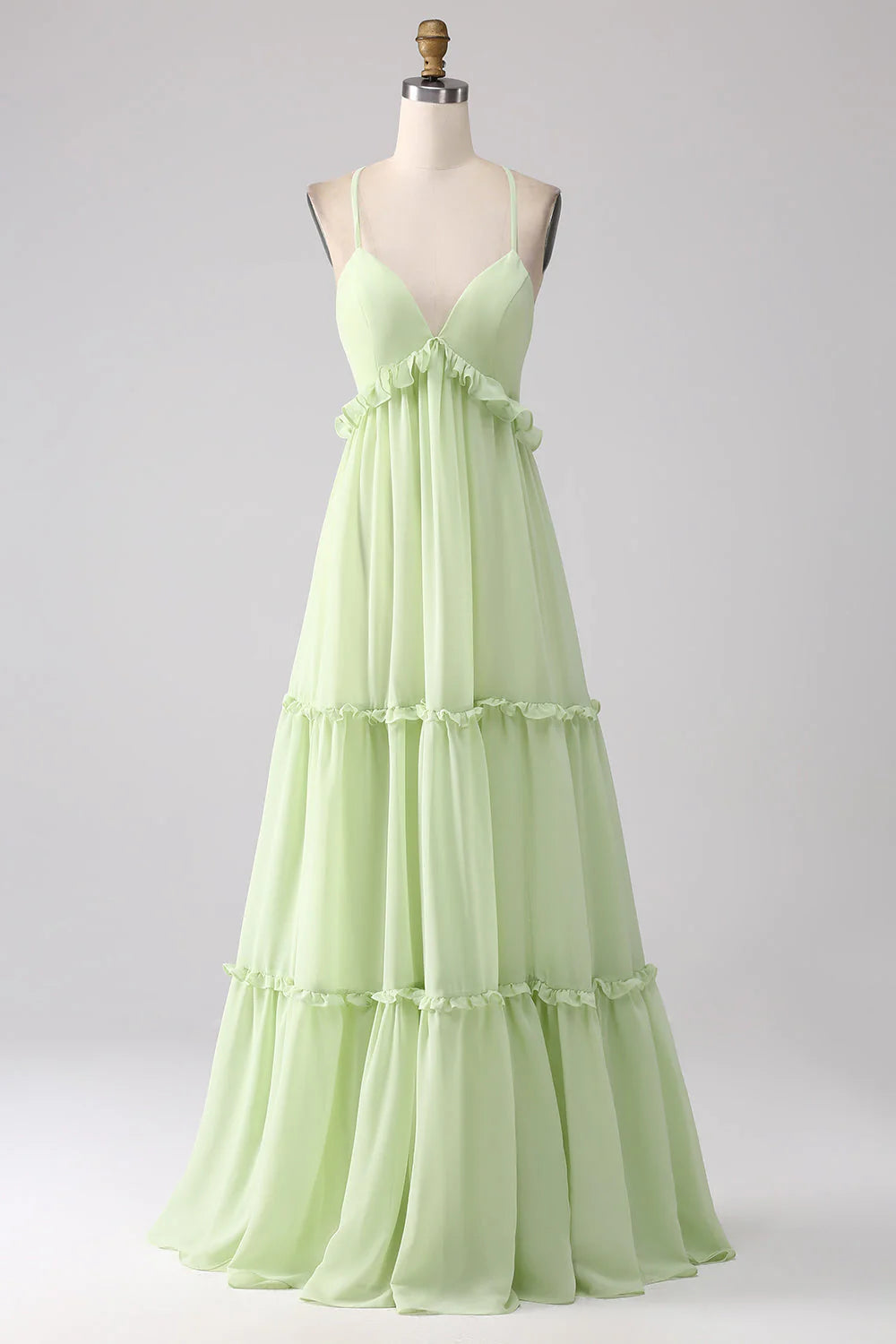 Vestido de dama de honor verde con volantes, encaje y corte A