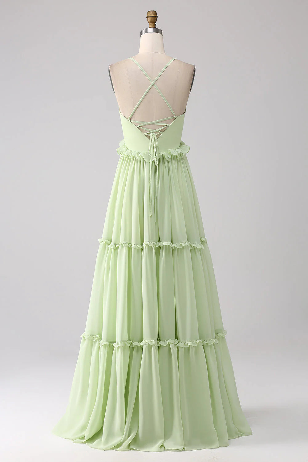 Vestido de dama de honor verde con volantes, encaje y corte A