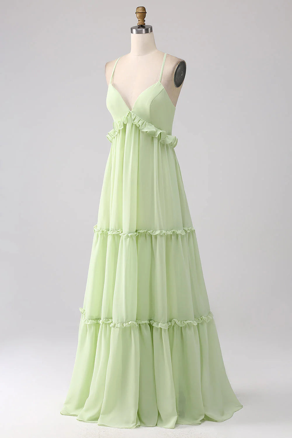 Vestido de dama de honor verde con volantes, encaje y corte A
