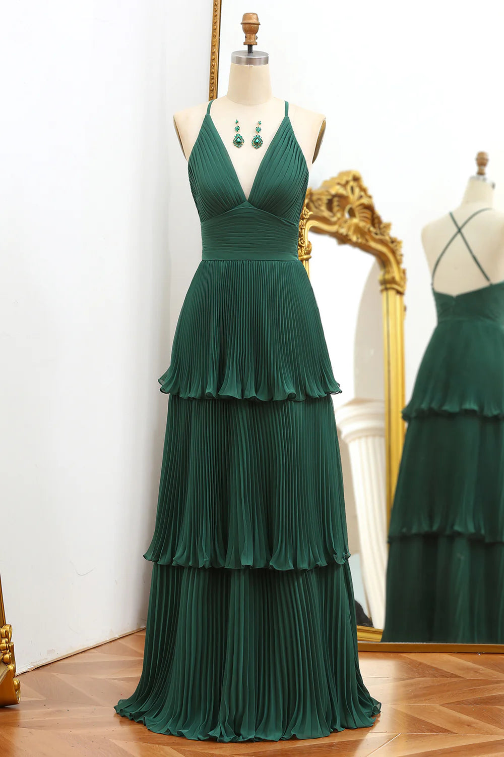 Vestido de fiesta verde oscuro con escote en V y hombros estrechos 