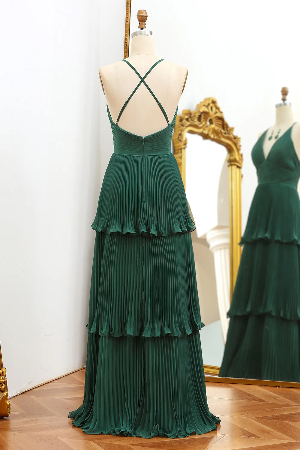 Vestido de fiesta verde oscuro con escote en V y hombros estrechos 