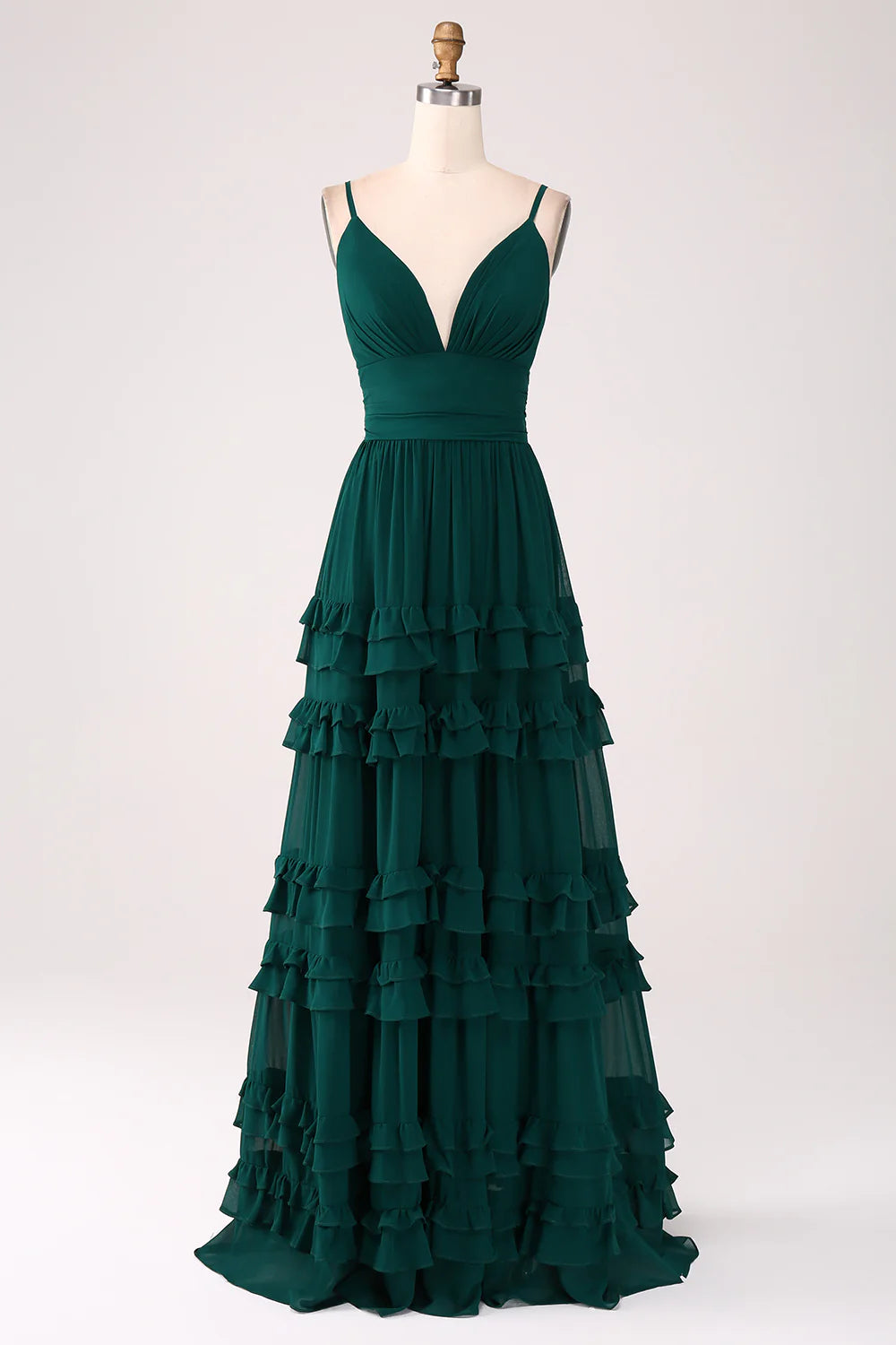 Vestido de dama de honor verde oscuro de corte A con tirantes finos, plisado en capas y largo hasta el suelo