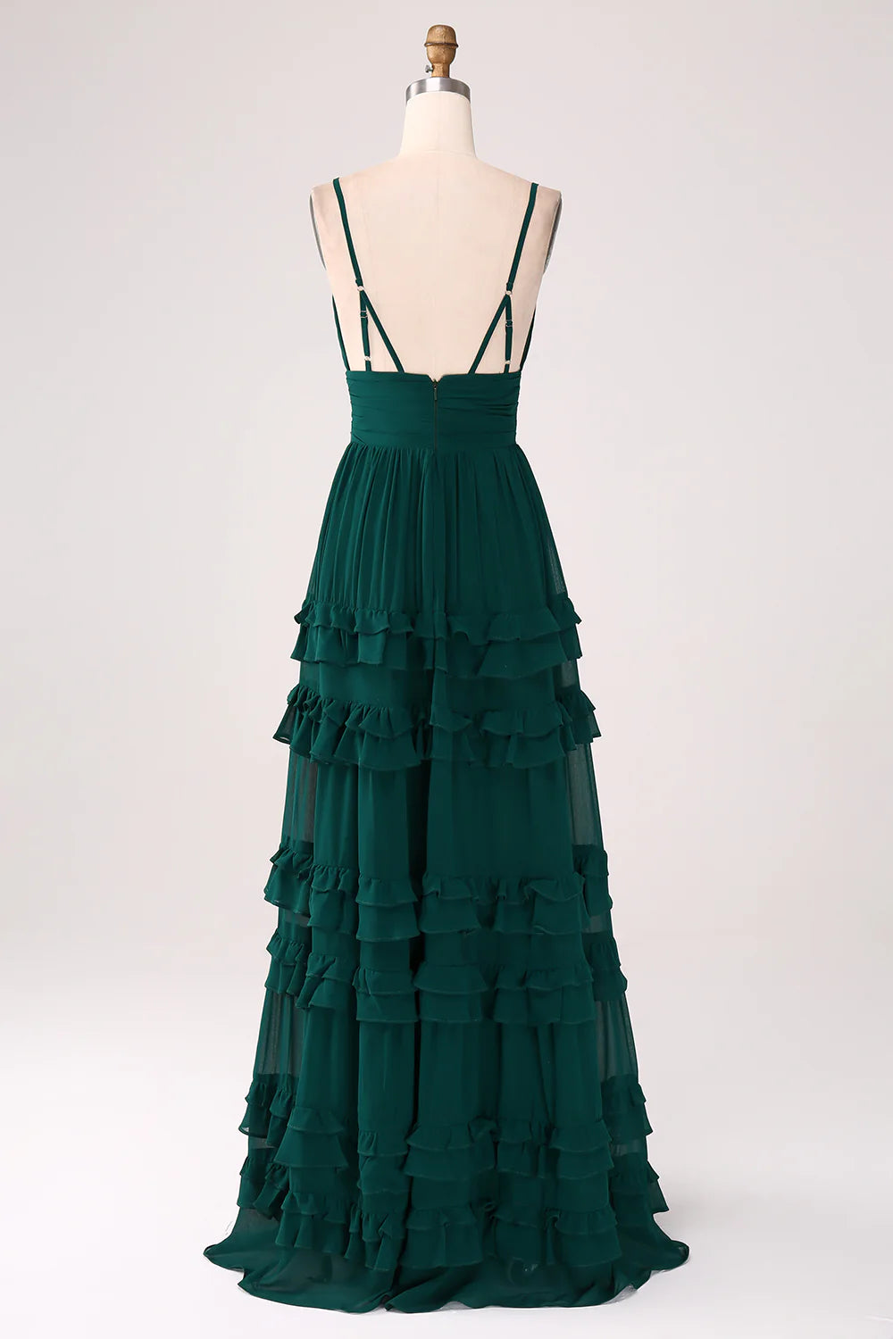 Vestido de dama de honor verde oscuro de corte A con tirantes finos, plisado en capas y largo hasta el suelo