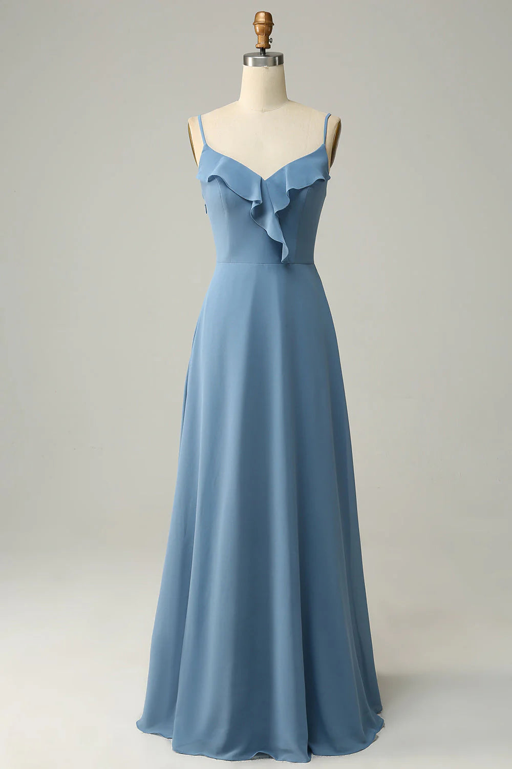 Dusty Blue Chiffon A-Line Floor-Length Dress with Ruffled V-neckline