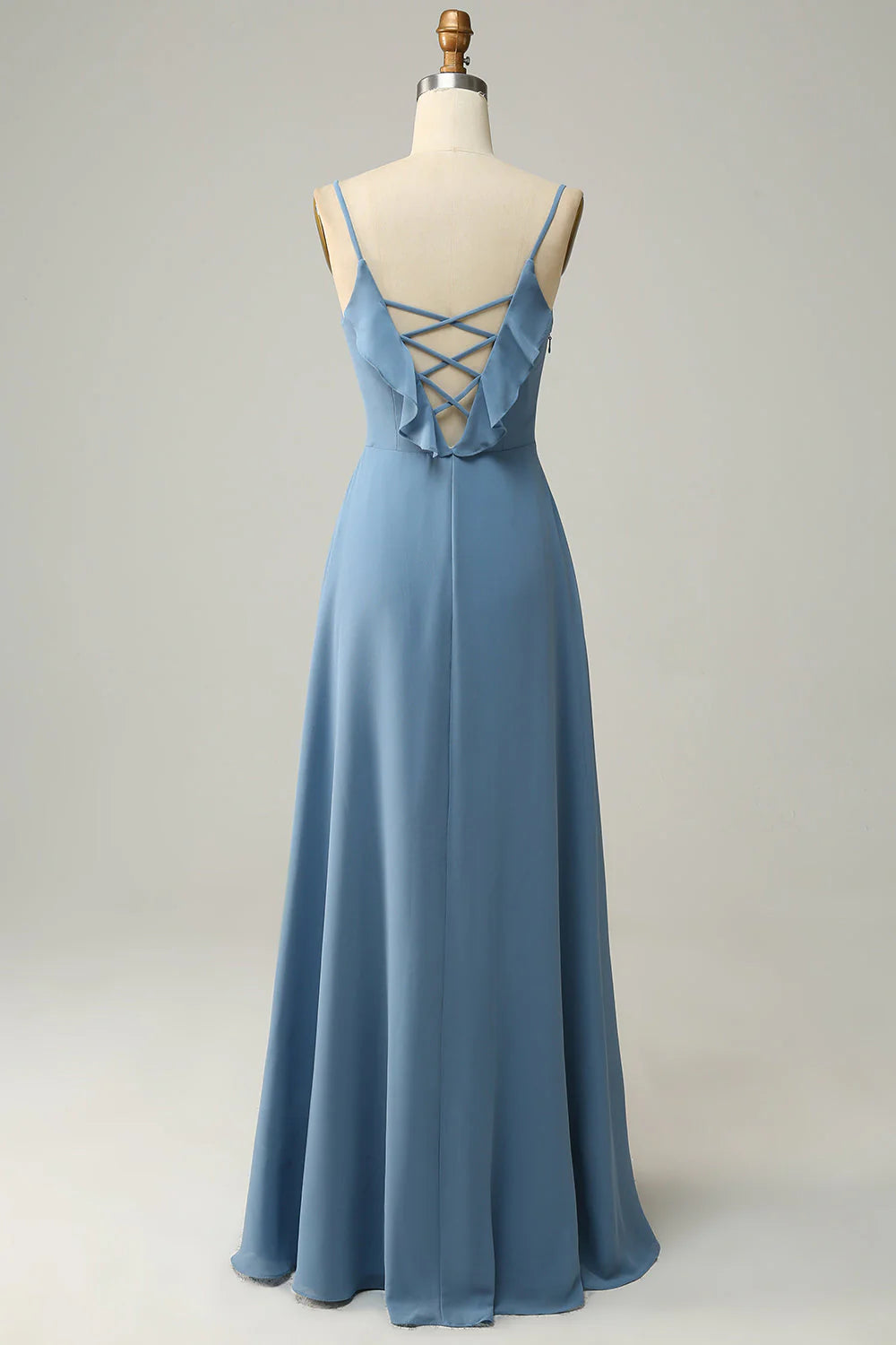 Dusty Blue Chiffon A-Line Floor-Length Dress with Ruffled V-neckline