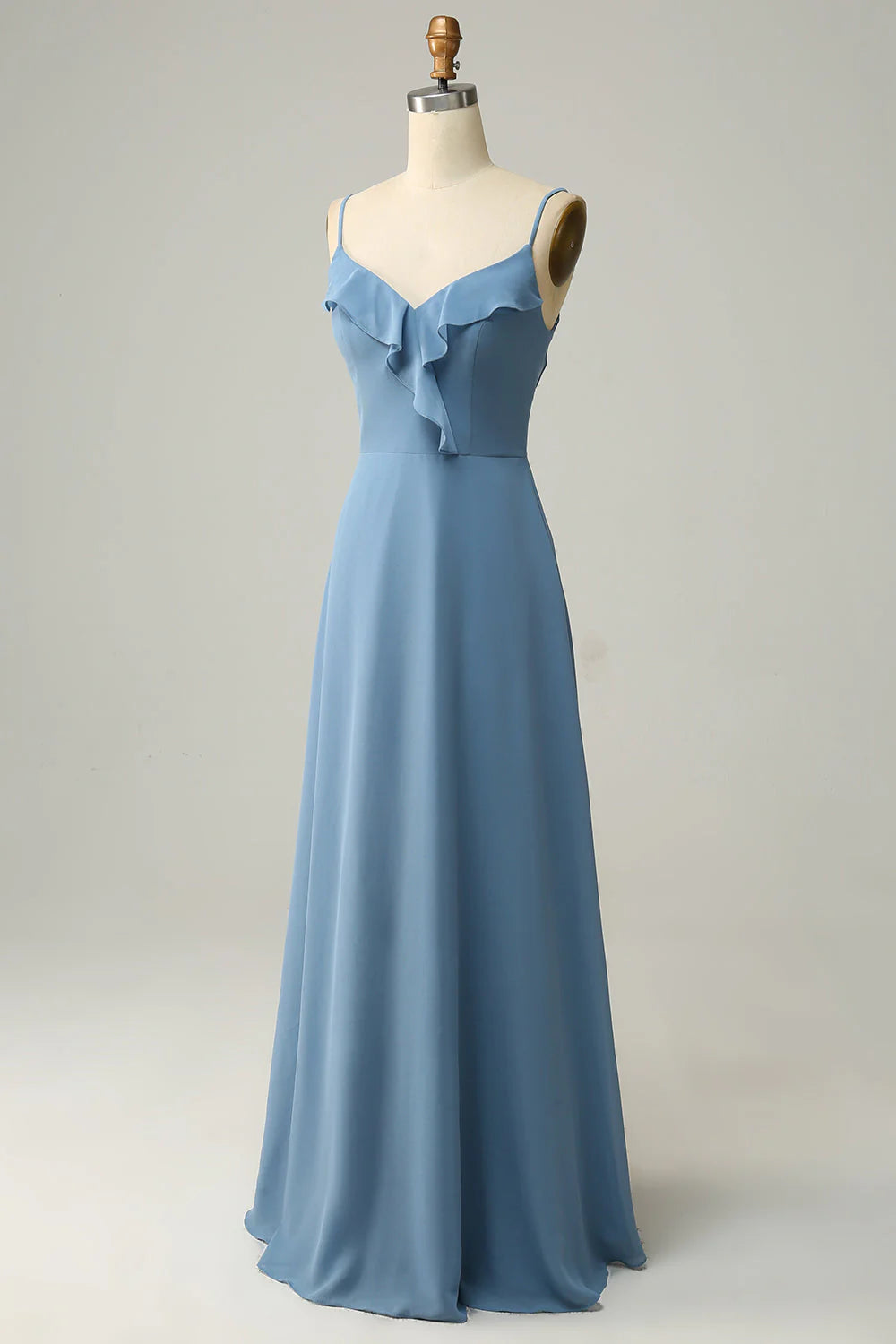 Dusty Blue Chiffon A-Line Floor-Length Dress with Ruffled V-neckline